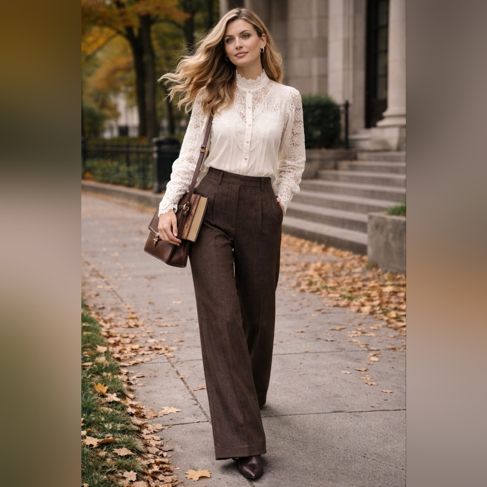 Rich Brown Textured Wide Leg Trousers🇨🇦✨️